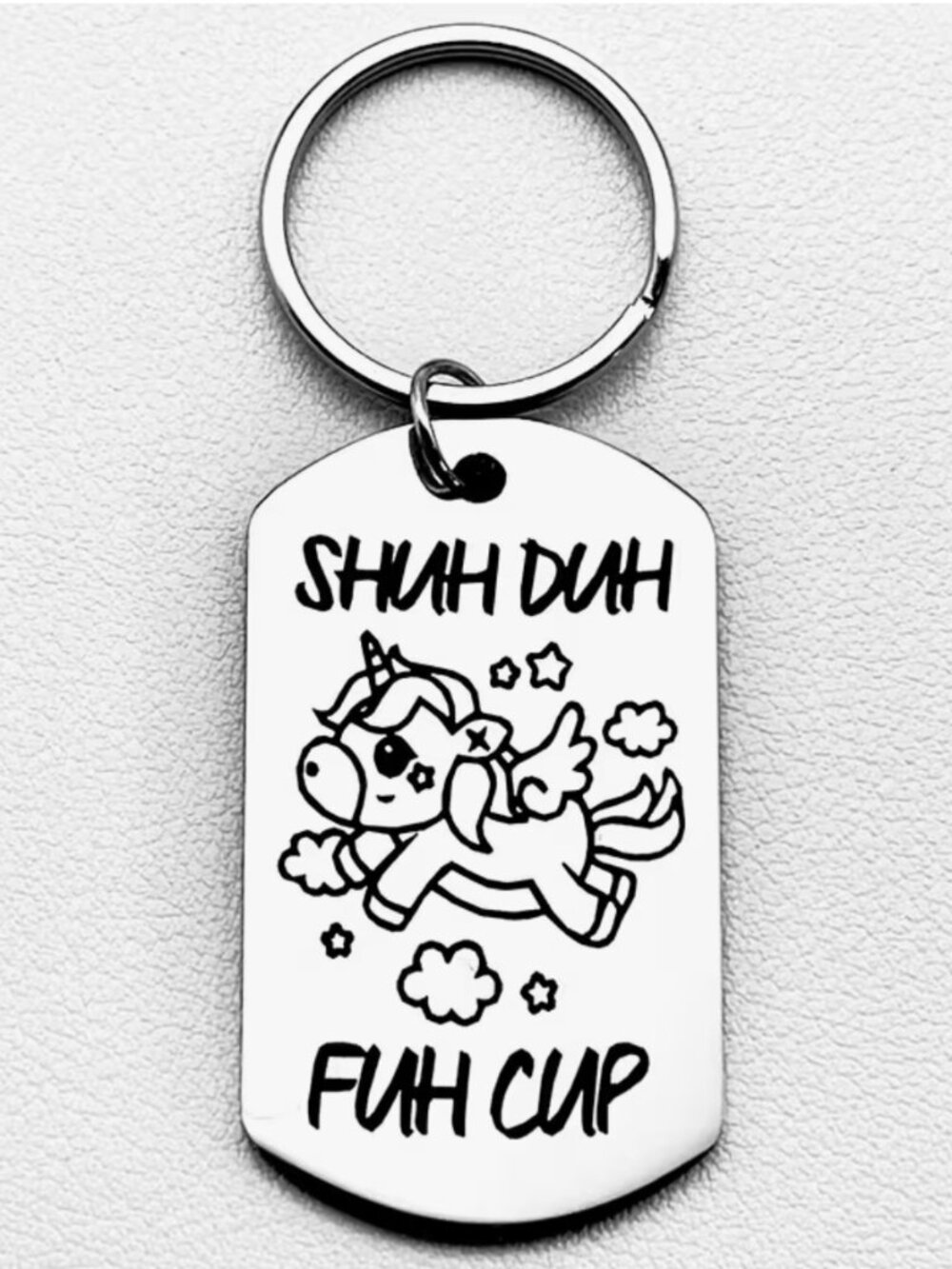 3/$25 Shuh Duh Fuh Cup Unicorn Stainless Steel Keychain NEW